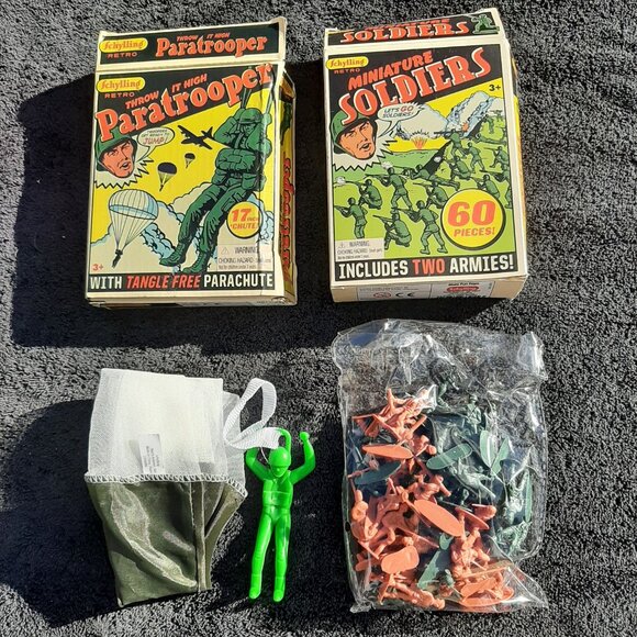 Schylling Retro WWII Toy Soldiers – 60 Pieces & Paratrooper Box Worn Lot(2) - Picture 5 of 5